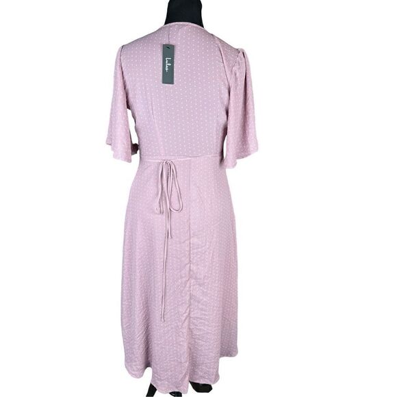 Lulus Farah Mauve Print Midi Wrap Dress high low dainty white triangles small - Picture 7 of 9